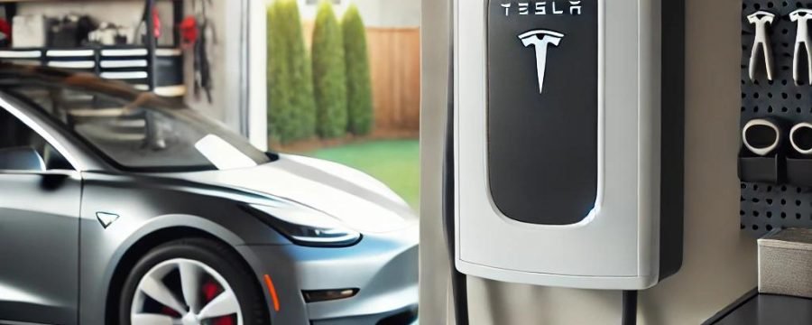 A sleek Tesla home charger mounted on the wall of a modern residential garage.