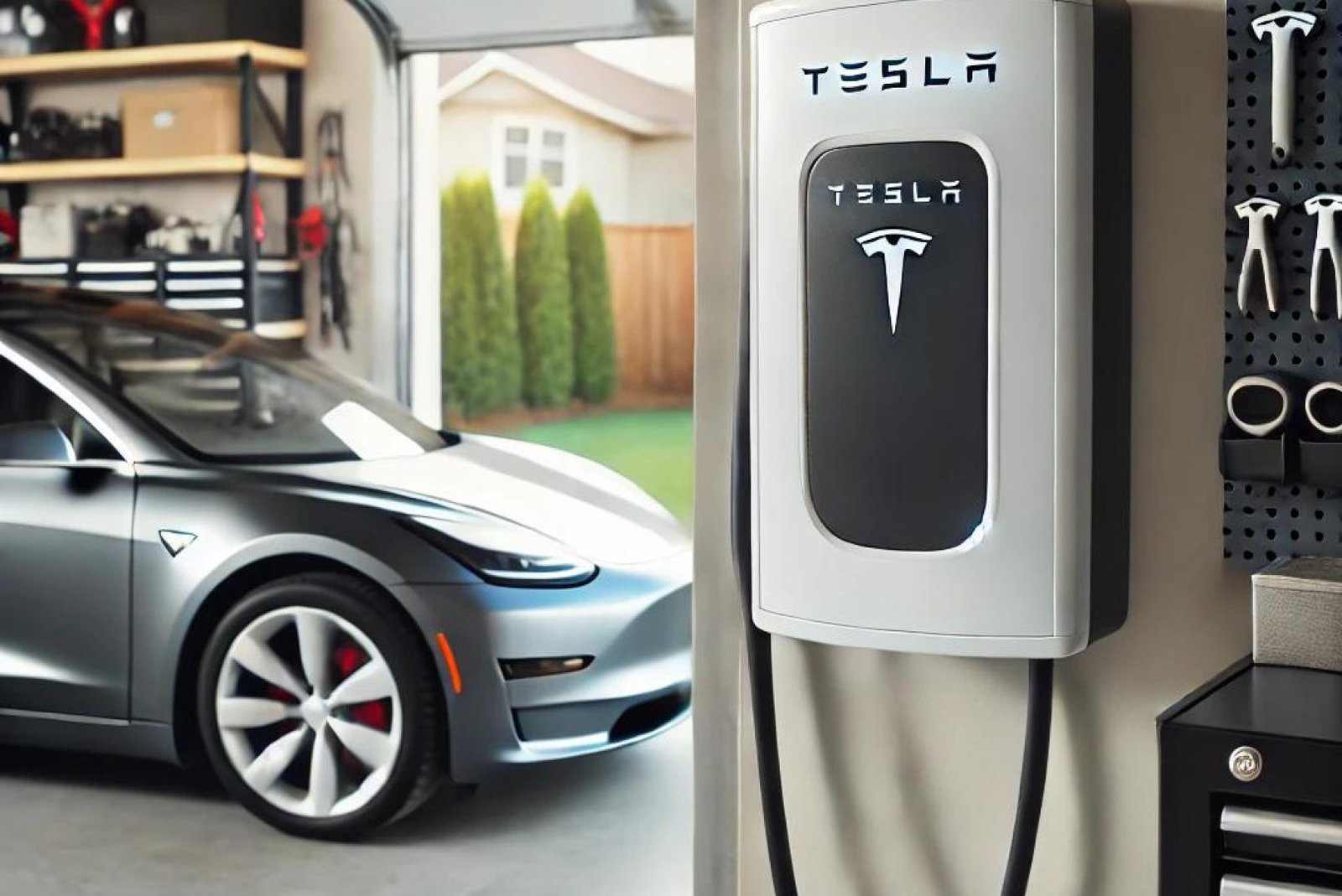 A sleek Tesla home charger mounted on the wall of a modern residential garage.
