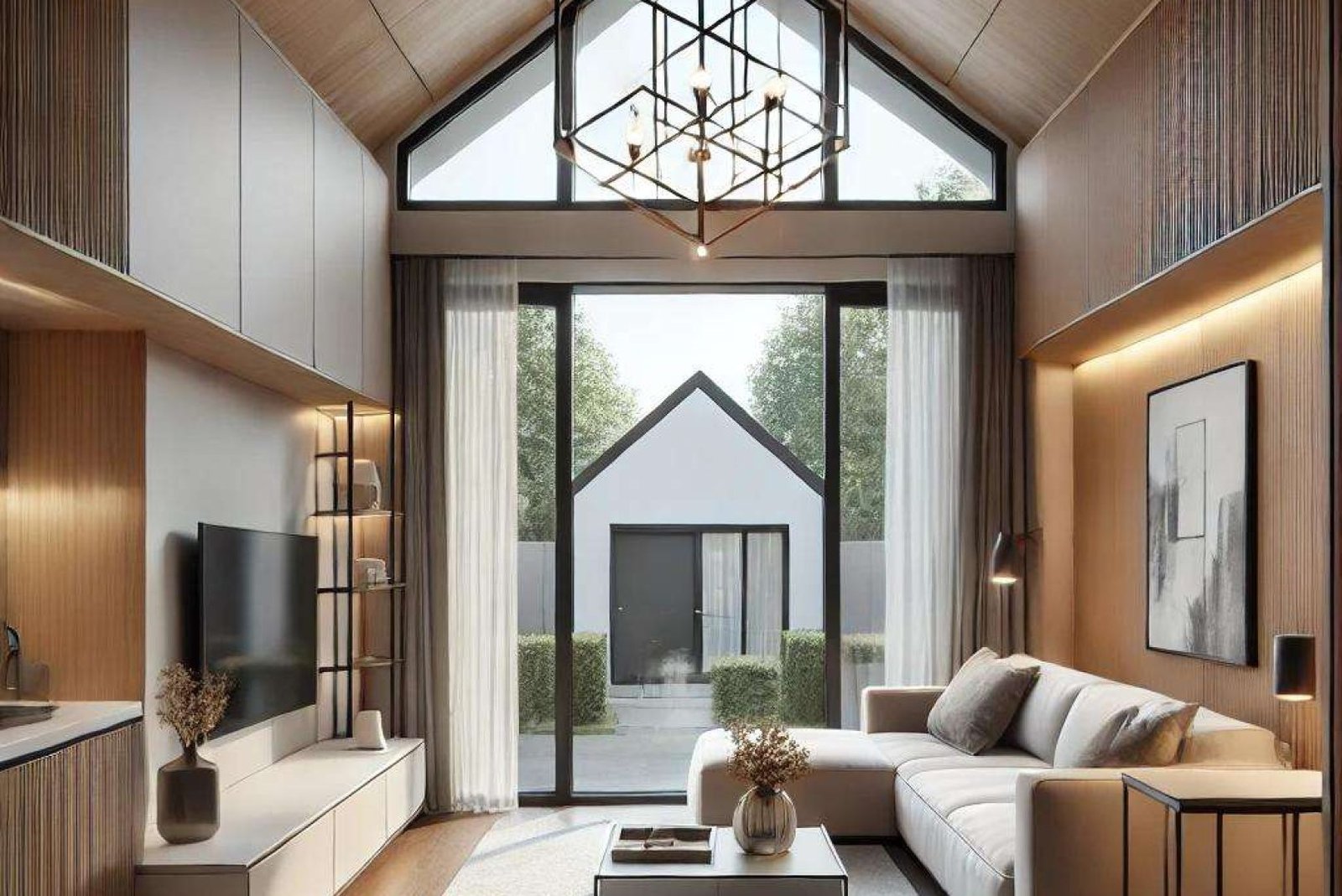 A modern ADU living space with a stylish chandelier hanging from the ceiling, featuring a contemporary open-concept design with large windows and warm wood flooring.